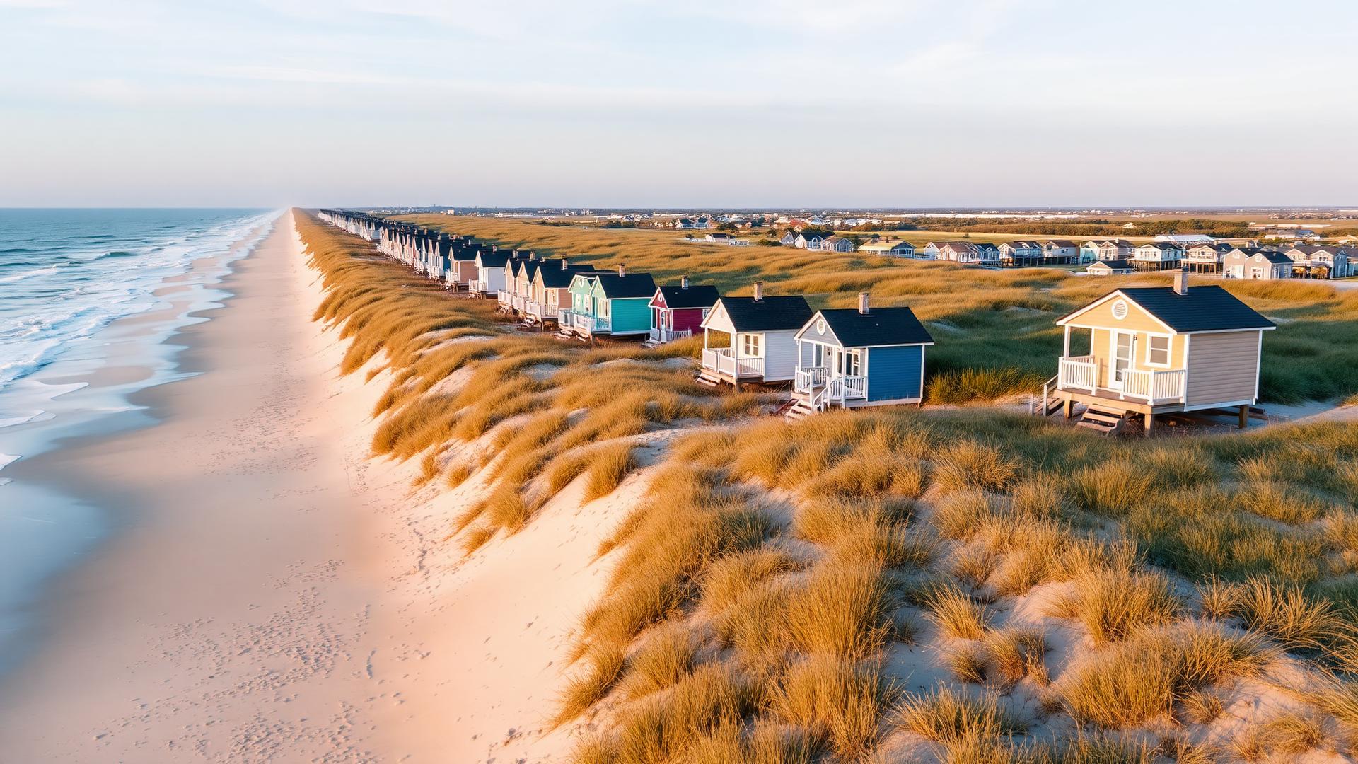 Beach cottages along grassy dunes at golden hour
