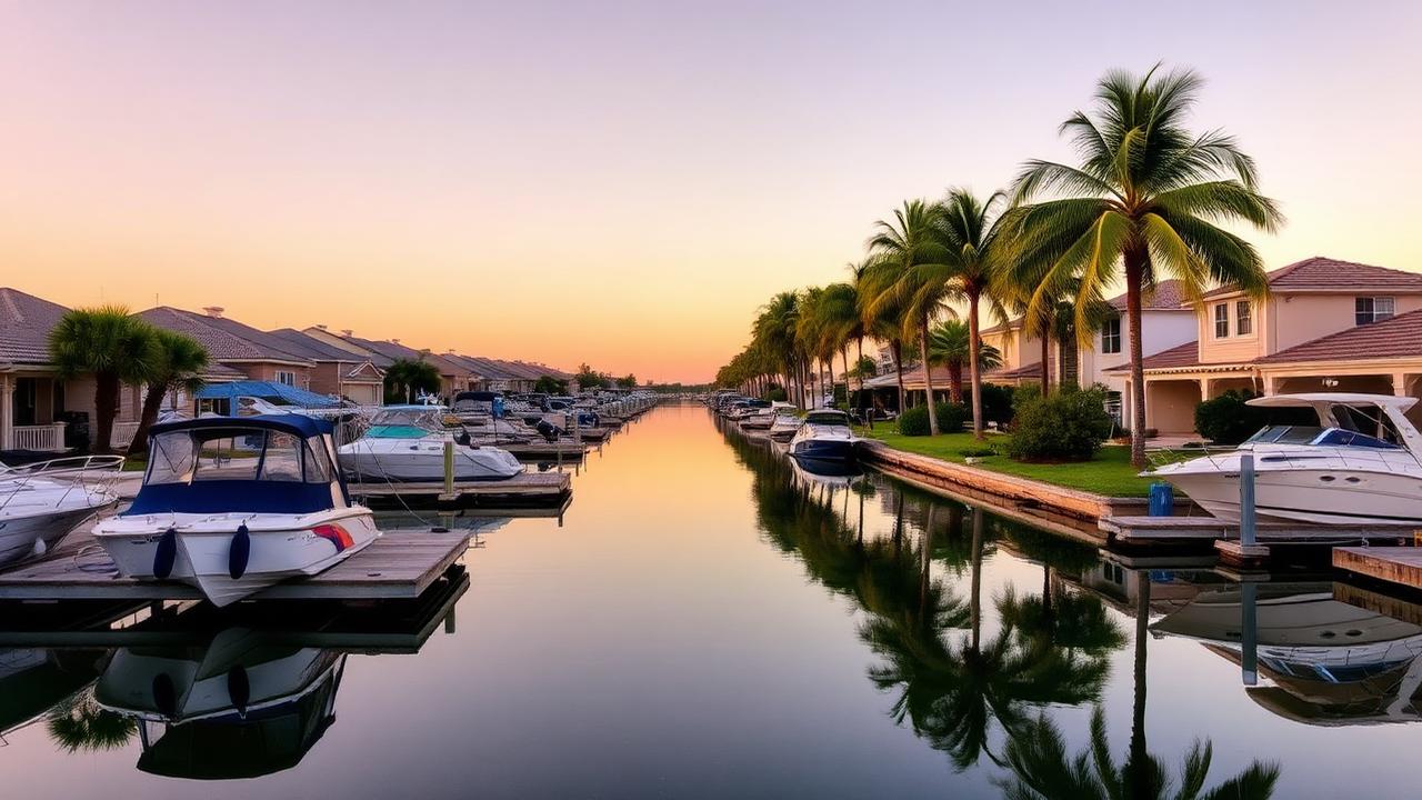 Cape Coral Florida canal home with boat dock and palm trees at golden hour