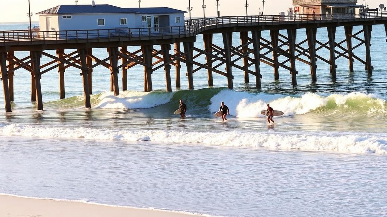 Cocoa Beach Florida pier and surfers on the Space Coast