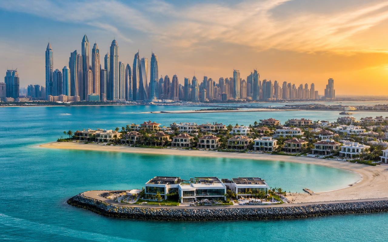 Dubai Marina skyline and Palm Jumeirah villas above turquoise water at sunset