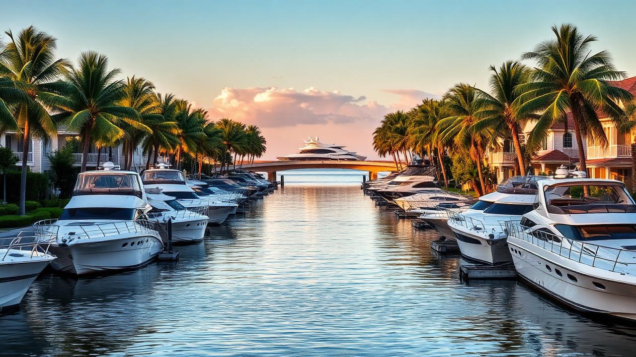 Fort Lauderdale Florida Intracoastal canal with yachts and palm trees