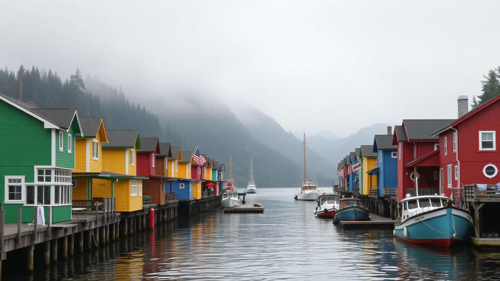 Colorful stilt houses and fishing boats along Ketchikan Creek waterfront in Alaska, with misty spruce-covered mountains behind