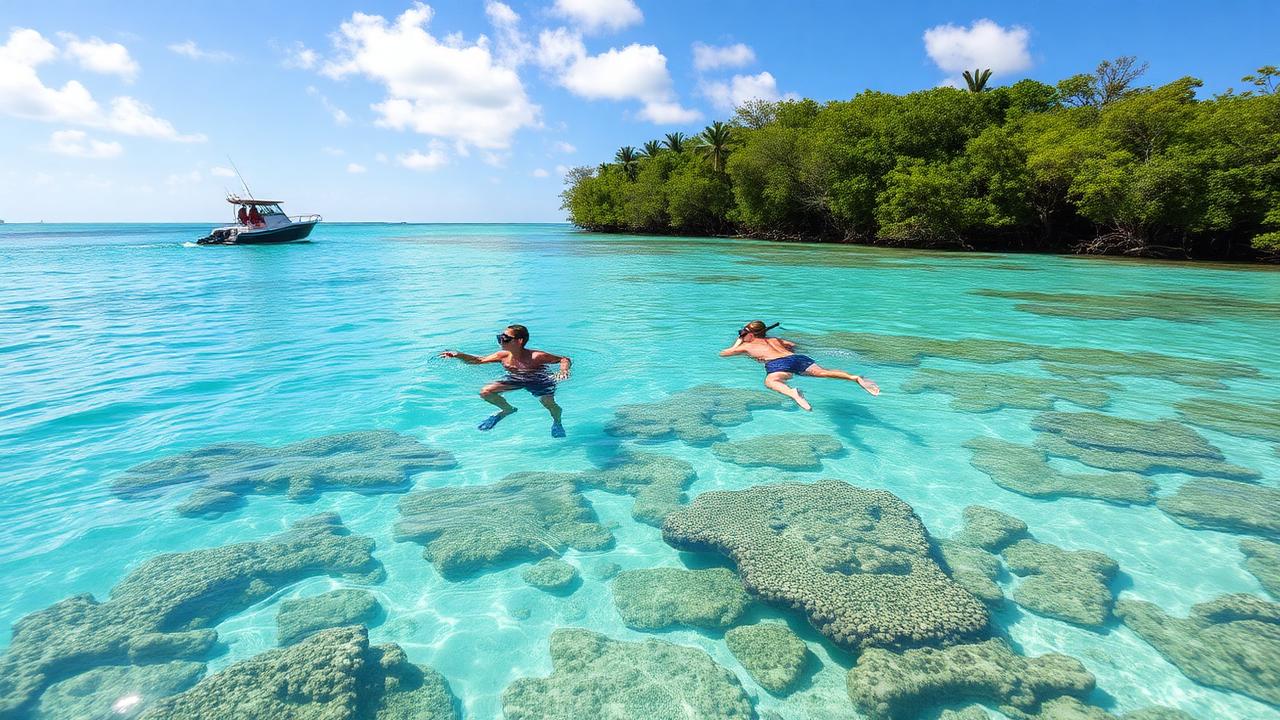 Key Largo Florida Keys snorkelers over a coral reef in clear turquoise water