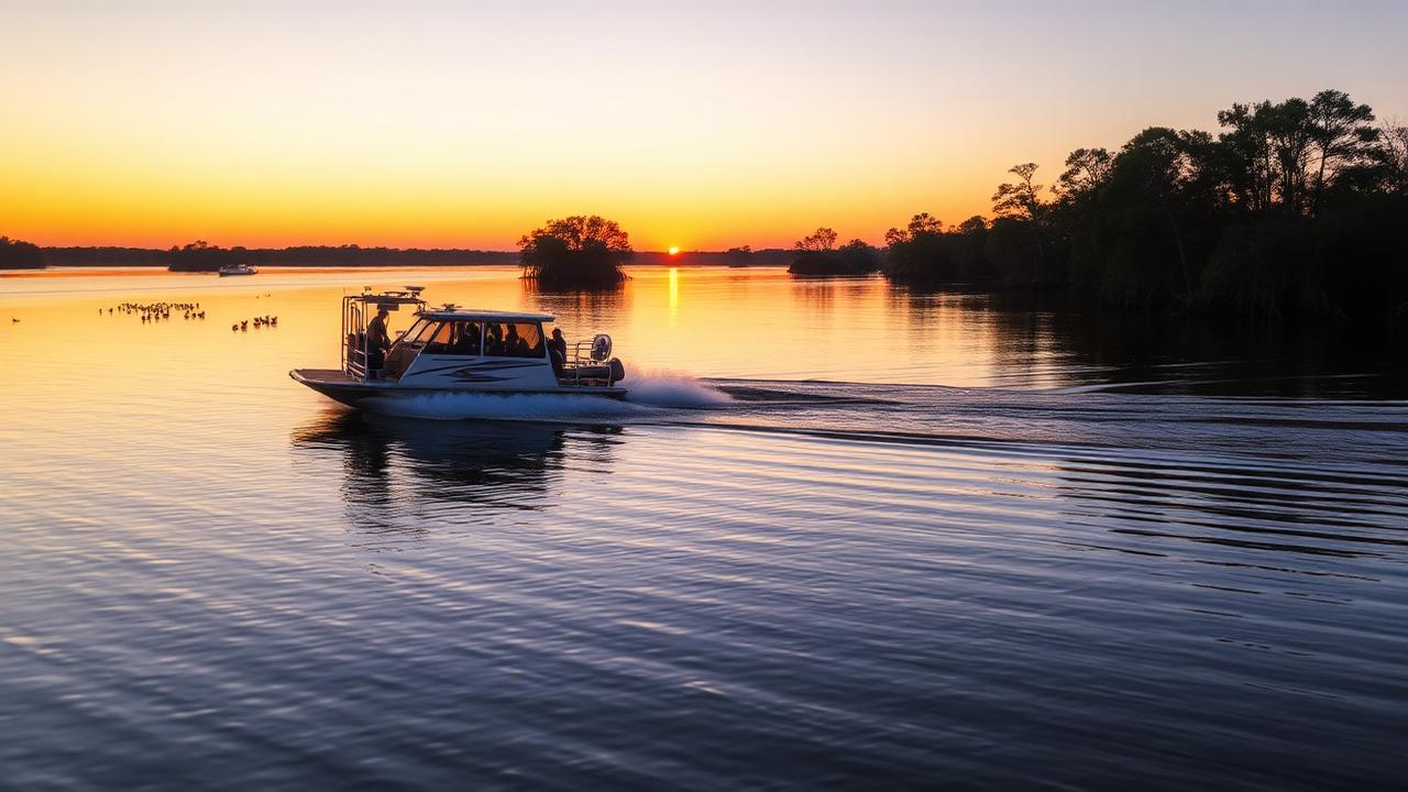 Kissimmee Florida airboat on Lake Tohopekaliga at sunset