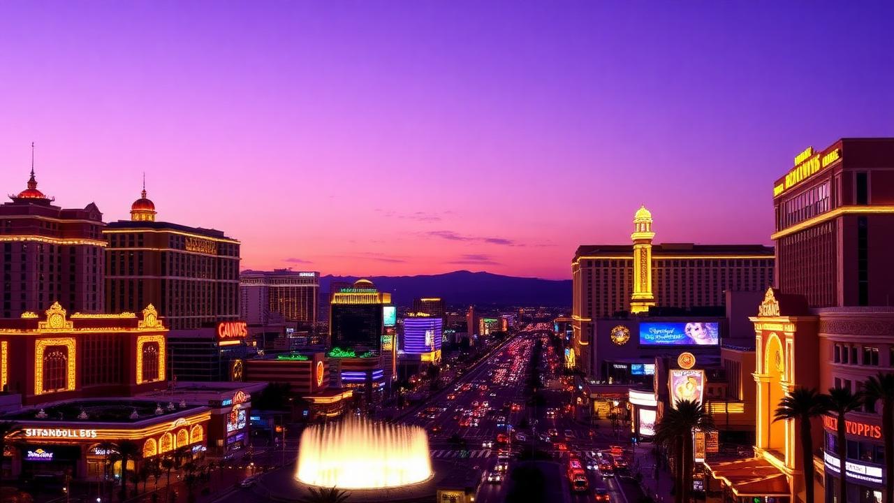 Las Vegas Nevada Strip skyline at dusk with resort lights