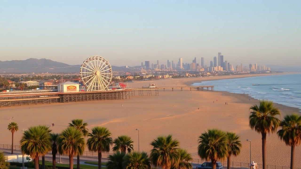 Los Angeles California Santa Monica pier and beach at sunset