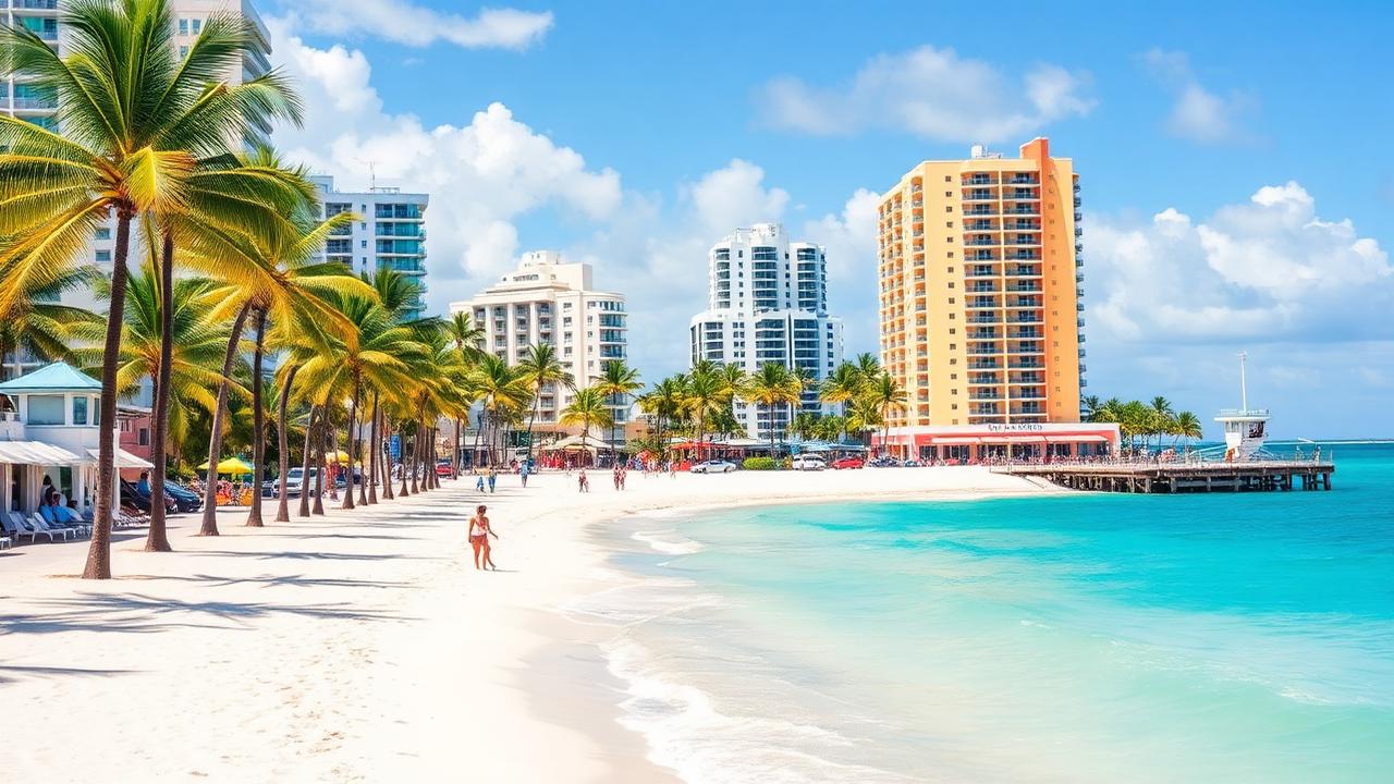 Miami South Beach art deco buildings and palm-lined beachfront