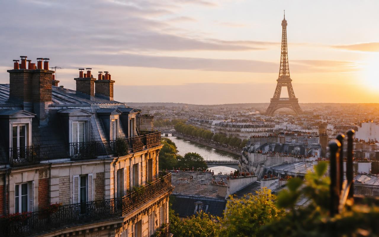 Eiffel Tower rising above Haussmann rooftops and balconies at sunrise, Paris