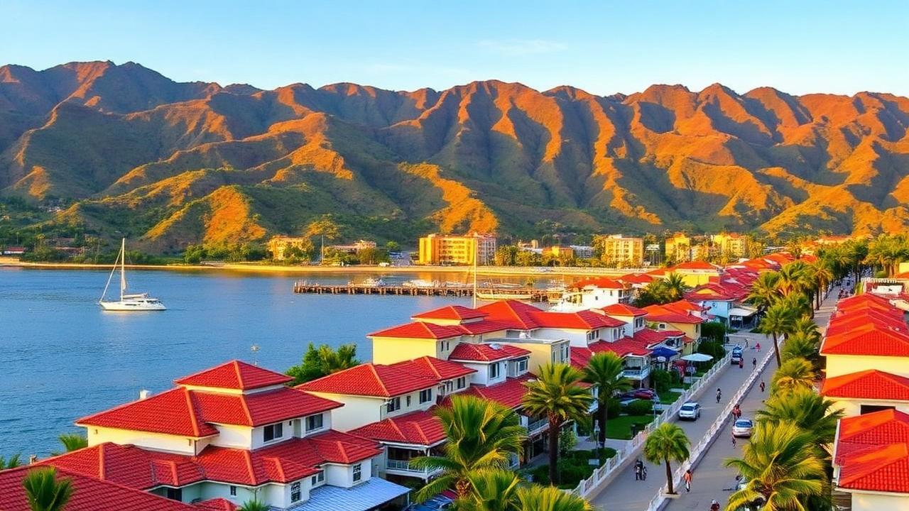Puerto Vallarta Mexico Malecon boardwalk and church tower on Banderas Bay