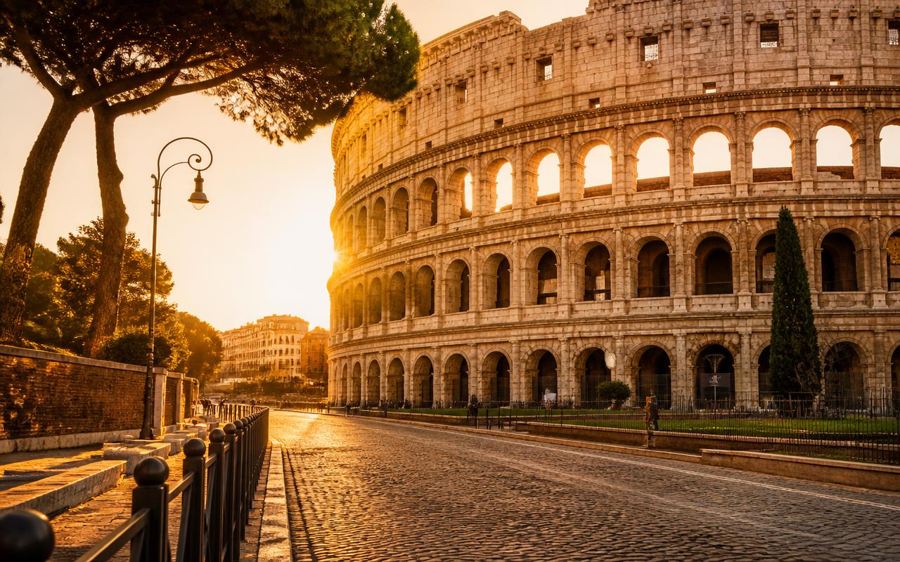 The Colosseum in warm golden light with a cobblestone street and umbrella pines, Rome