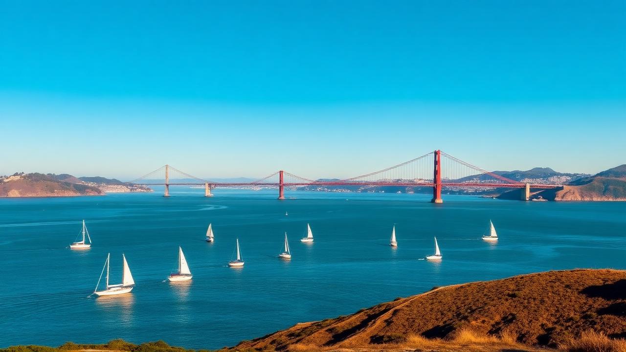 San Francisco California Golden Gate Bridge and bay at golden hour