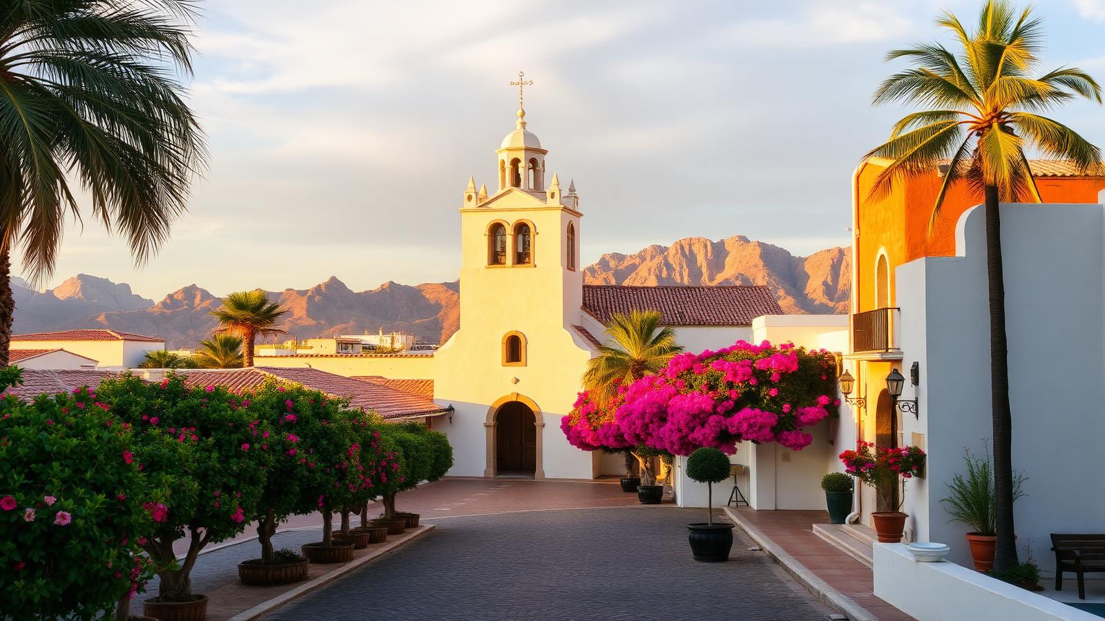 Colonial church tower and bougainvillea-lined plaza in the historic art district of San José del Cabo, Mexico, with desert mountains behind