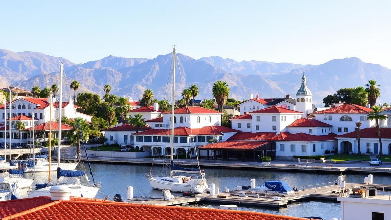 Santa Barbara California red tile roofs and palm-lined beach from the courthouse tower