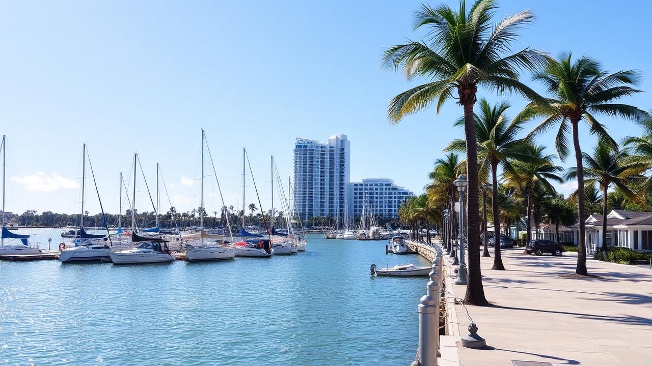 Sarasota Florida bayfront marina with sailboats and palm promenade