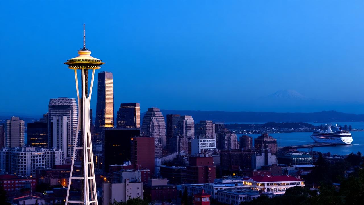 Seattle Washington skyline with Space Needle and Mount Rainier