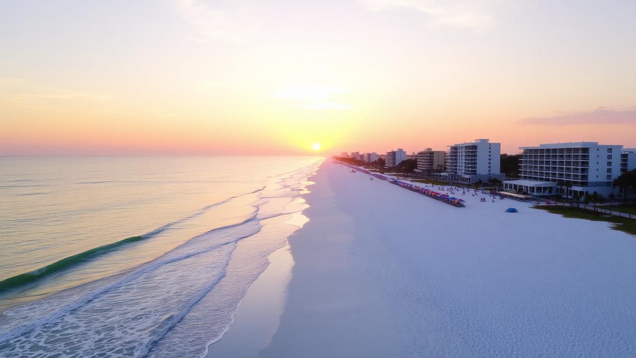 Treasure Island Florida wide white sand beach and Gulf sunset